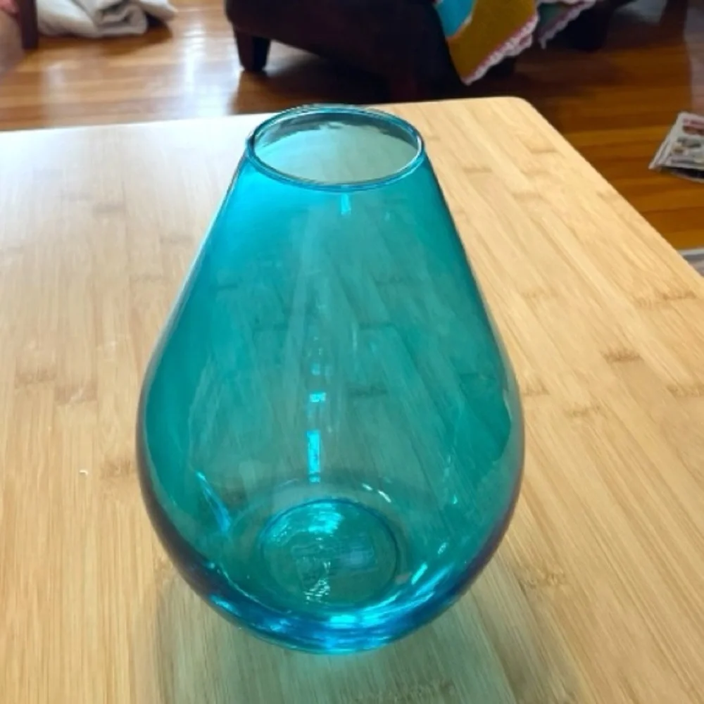 Large glass vase, aqua colored using hand applied cold paint process, made Spain